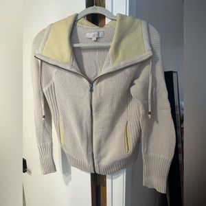 Ann Taylor Loft Knit Zip Cardigan Jacket– Small | Cream & Lime w Extended Collar